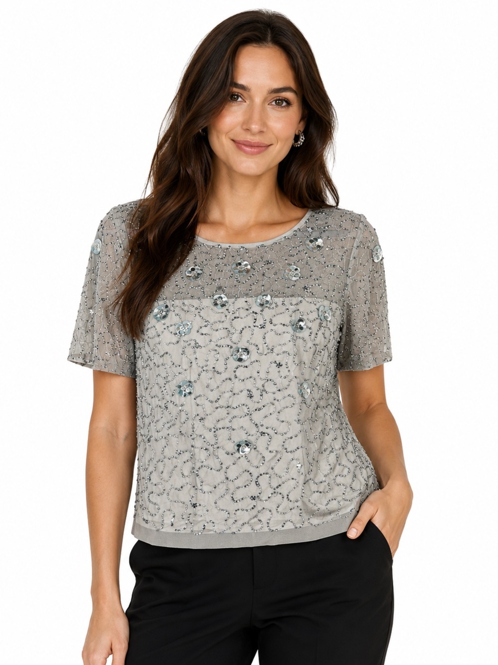 Adrianna Papell Silver Embellished Beaded Blouse Size 14 NWT Evening Party Top